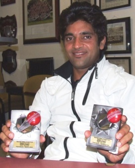 Our gun fast bowler Nasir Ahmed with his trophies for his two 5-wicket hauls.